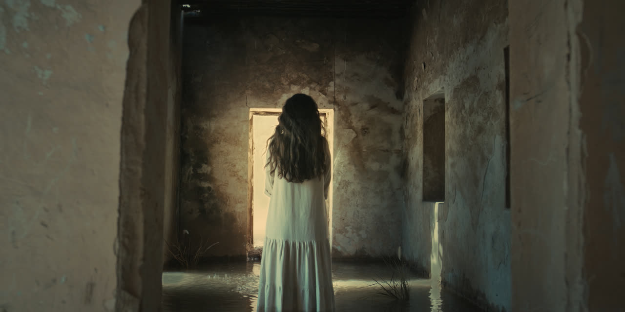 A woman in a white dress faces a lit doorway in a flooded corridor