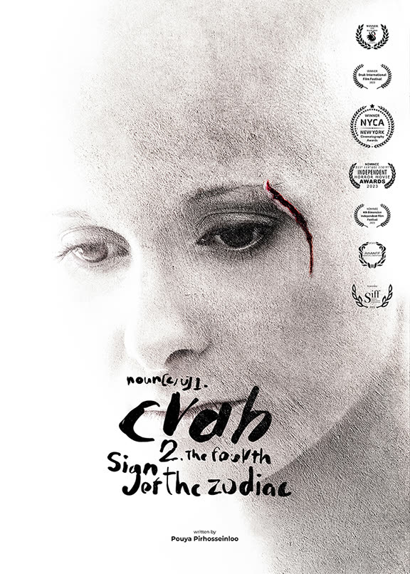 Crab poster: a pale face with a cut on the cheek