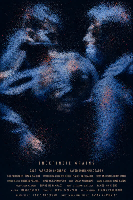 Indefinite Grains poster: blurred blue figures
